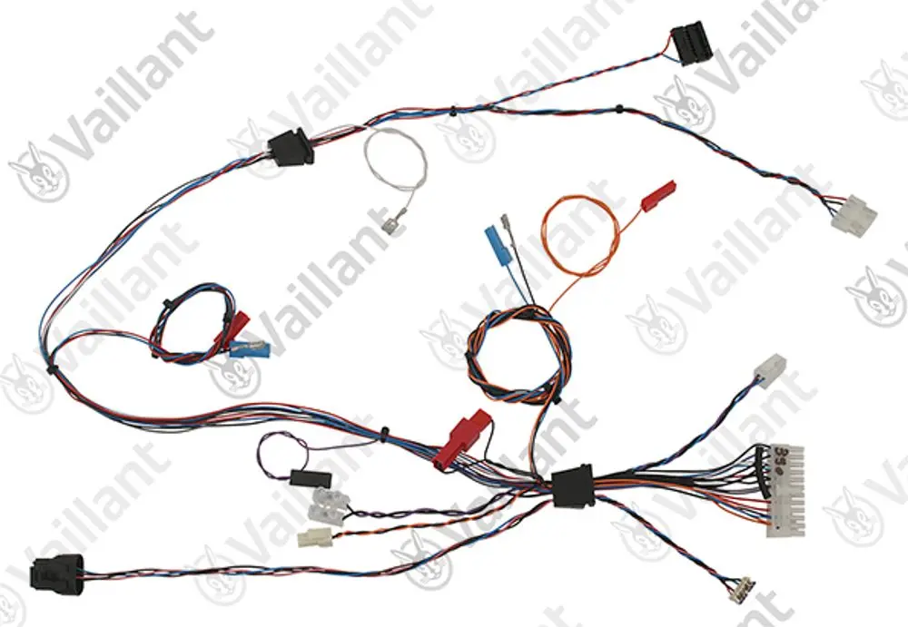 Kabelbaum von Vaillant mit mehreren Anschlüssen und Kabelsträngen. Das Produkt zeigt eine Vielzahl von Kabeln in unterschiedlichen Farben und Formen zur elektrischen Verbindung.